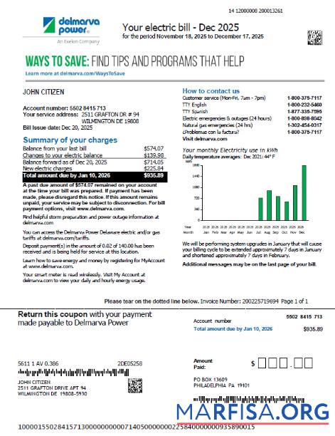 Realistic USA Delmarva Power utility bill template in Word and PDF formats, version 2